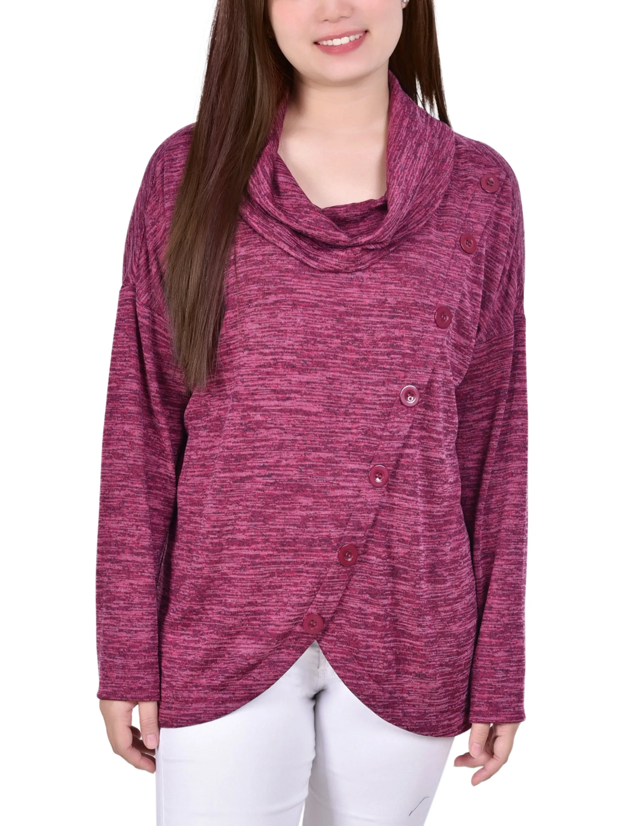 Long Sleeve Cowl Neck Top With Button Detail EcoFriendlyBlend