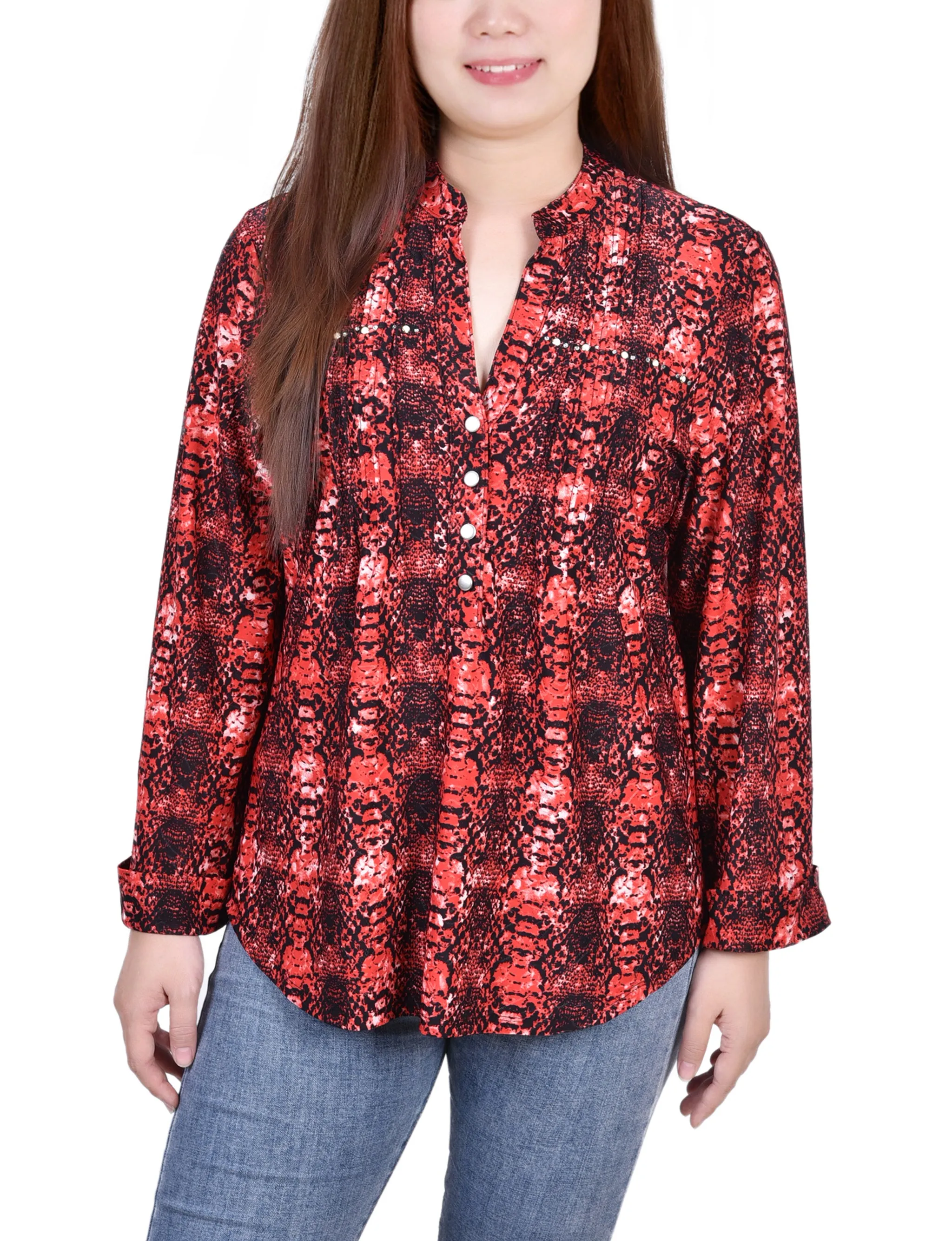 Cozy Fit Long Sleeve Jacquard Knit Y Neck Top