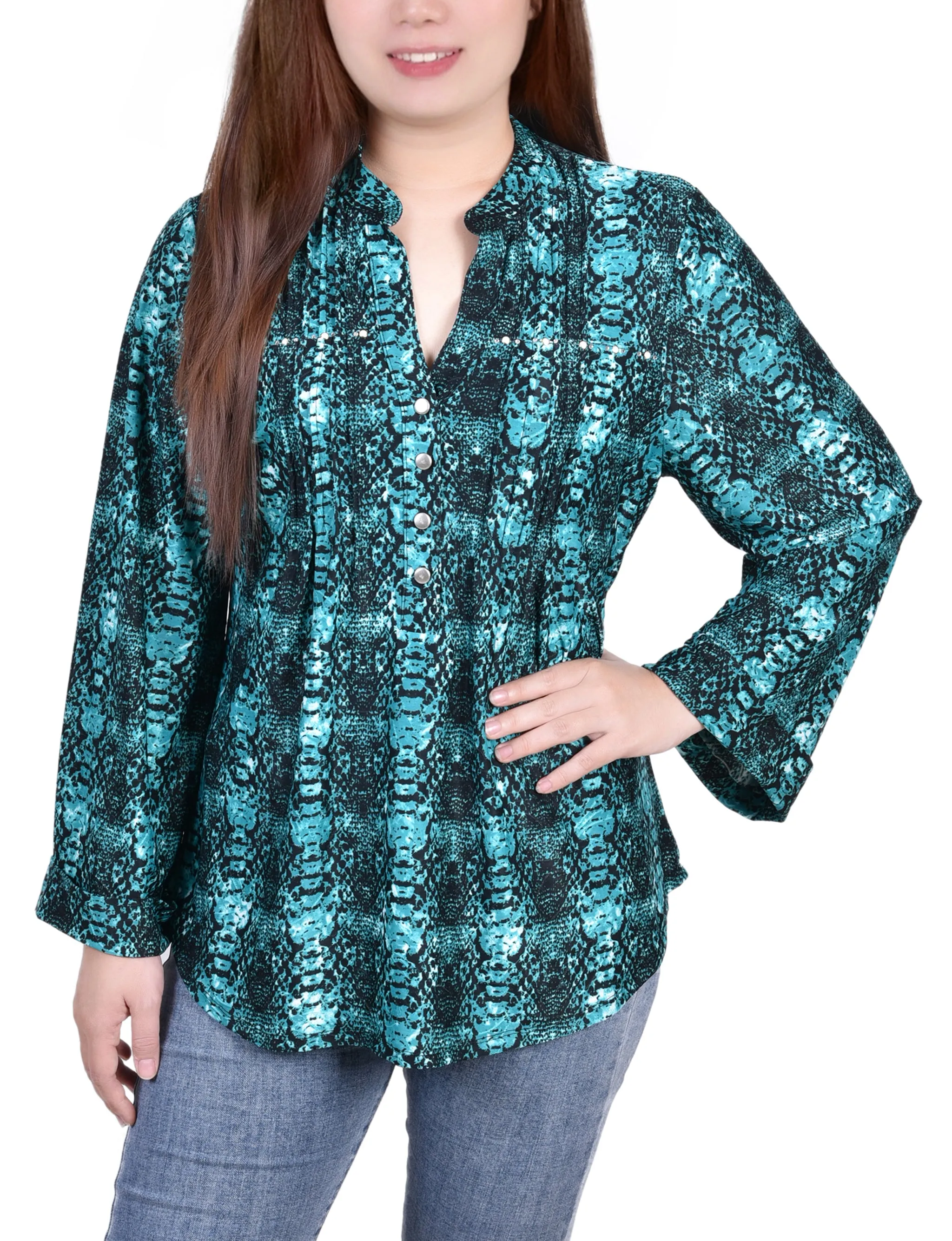 Long Sleeve Jacquard Knit Y Neck Top Fashionable Tank All Over Print Technique