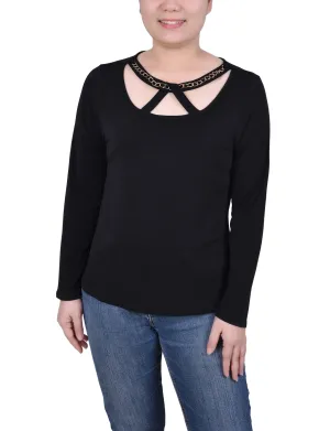 Lightweight pullover Compression Gradient Long Sleeve Jeweled Neck Top