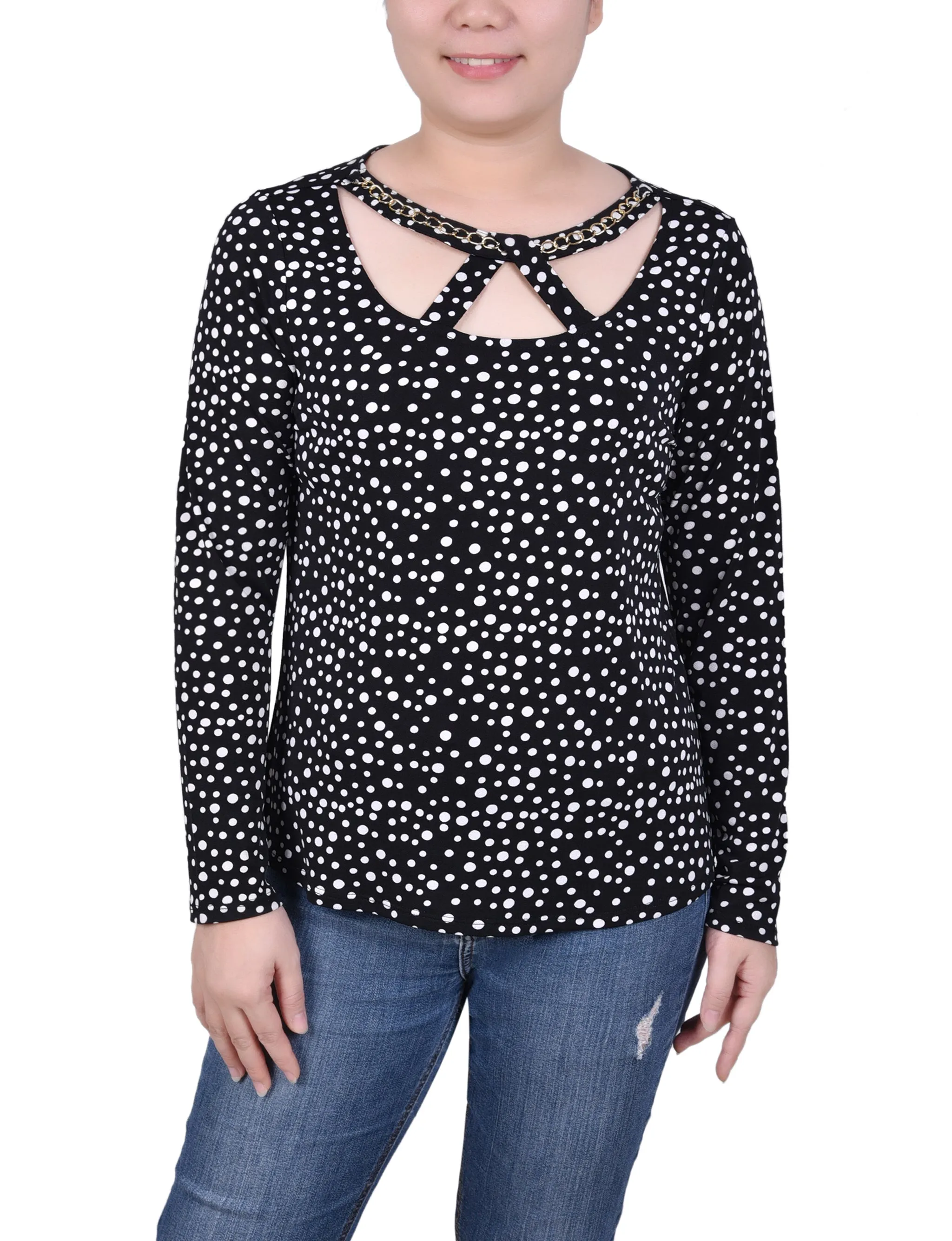 Ergonomic Fit Design Long Sleeve Jeweled Neck Top