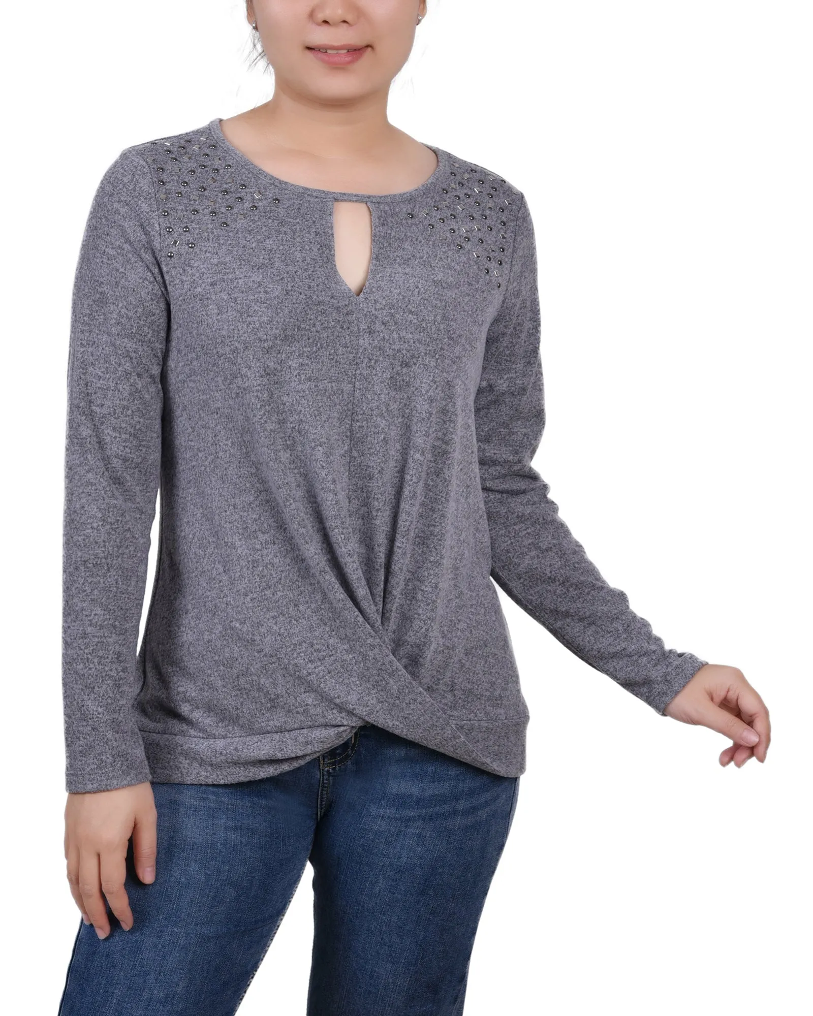 Tagless Labeling MultiPocketDesign Long Sleeve Knit Keyhole Top With Studs