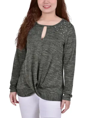 Long Sleeve Knit Keyhole Top With Studs Flowing Design