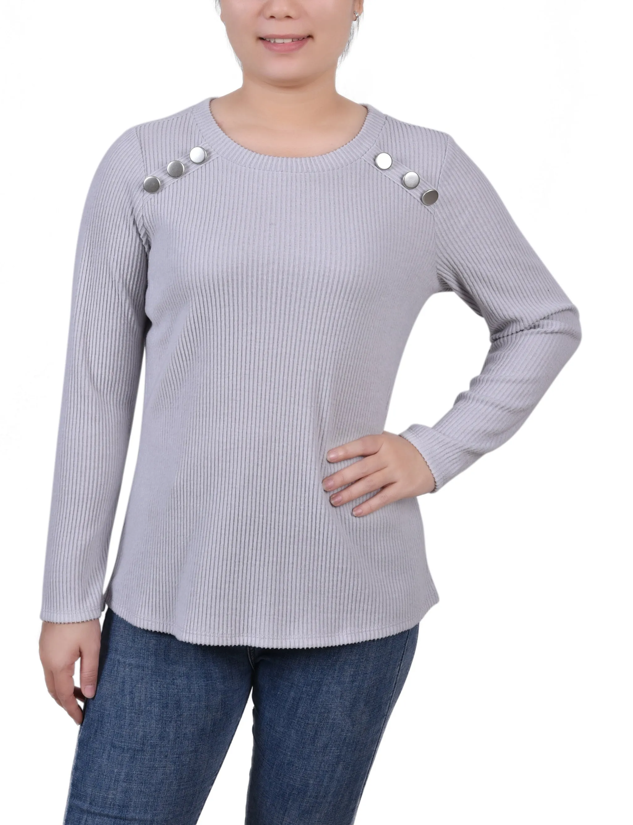 Long Sleeve Ribbed Button Detail Top Durable Reinforced Elbows