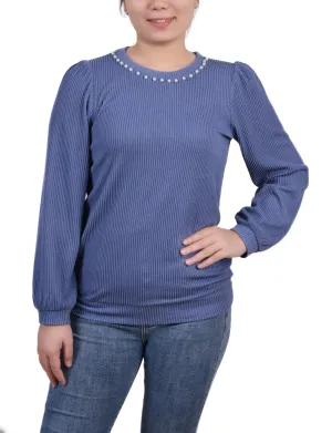 Wrinkle Resistant Finish Long Sleeve Ribbed Pearl Trimmed Top