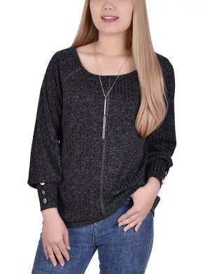 Long Sleeve Ribbed Pullover Top With Detachable Necklace Eco Friendly Dye Process AthleticInspired