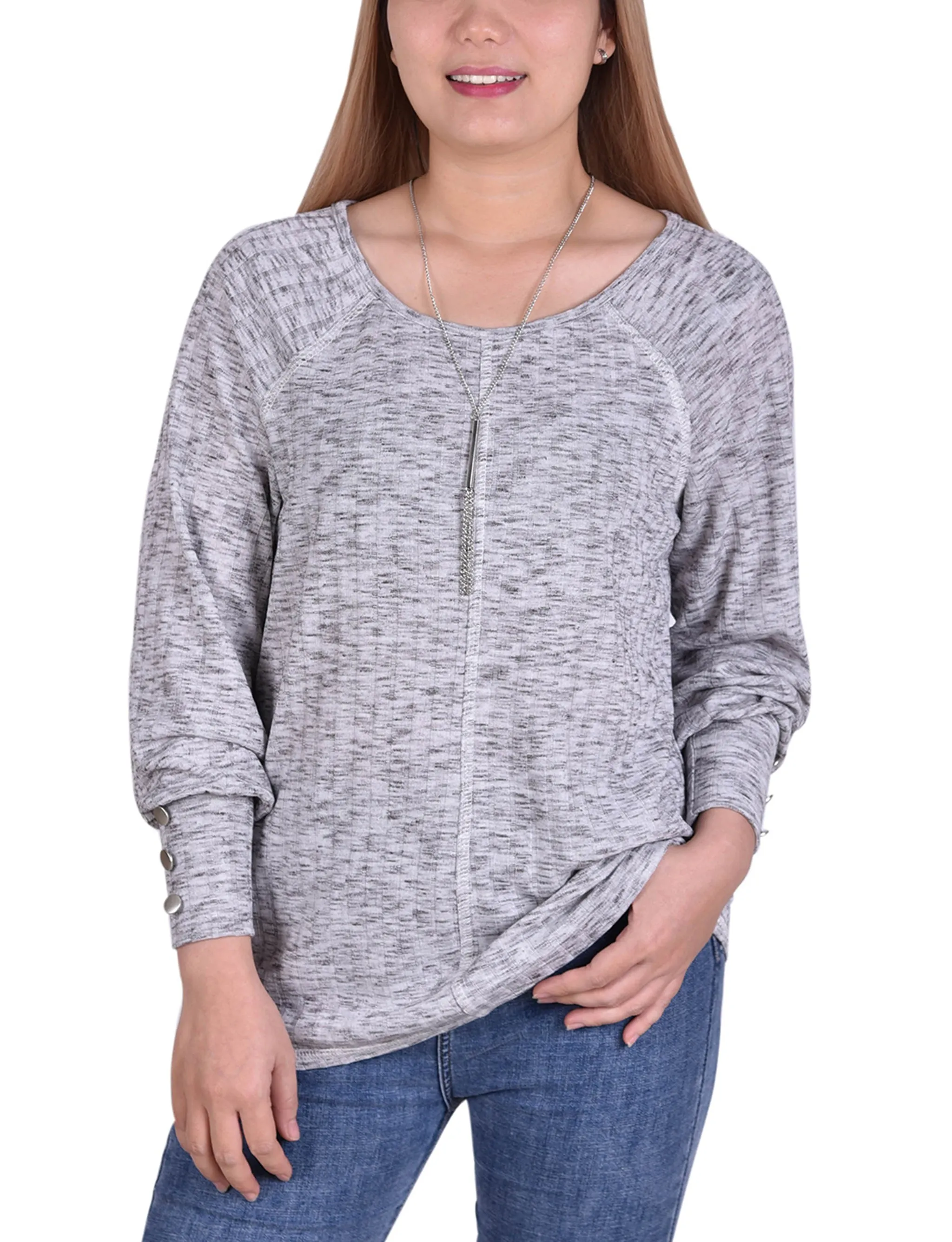 Long Sleeve Ribbed Pullover Top With Detachable Necklace Reinforced Elbow Patches Ultra Soft Handfeel