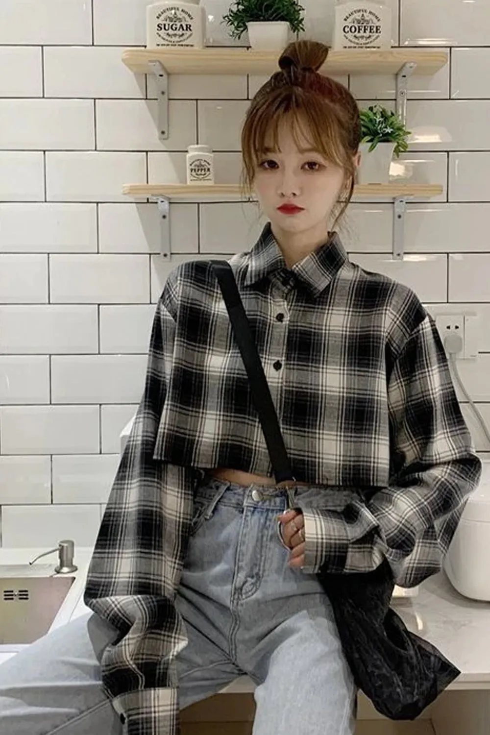 Long Sleeve Sexy Plaid Cropped Shirt