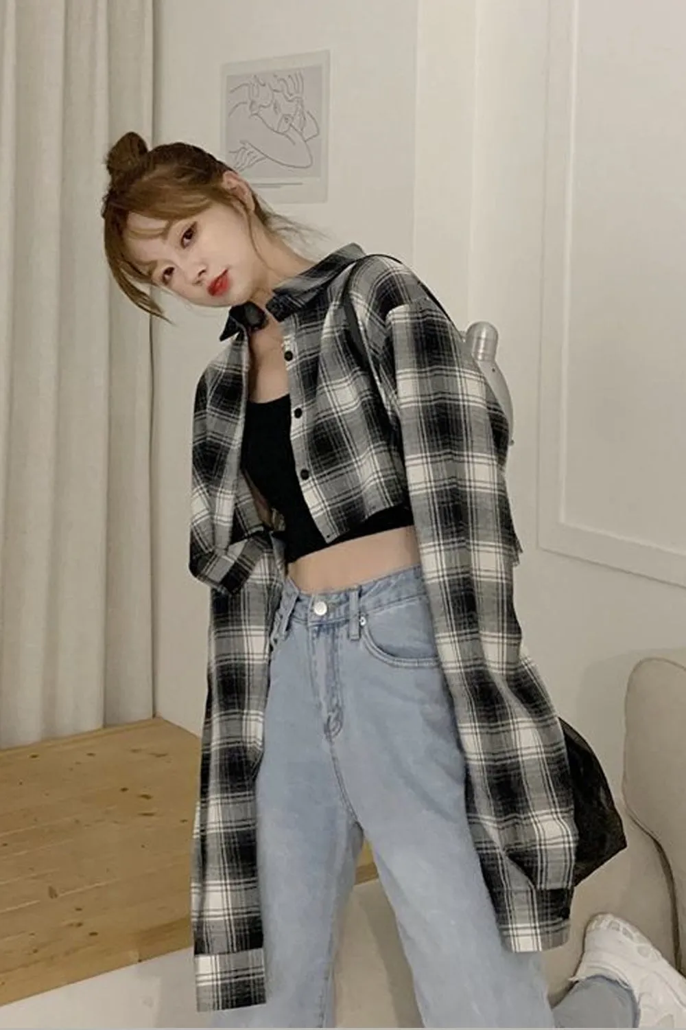 Long Sleeve Sexy Plaid Cropped Shirt