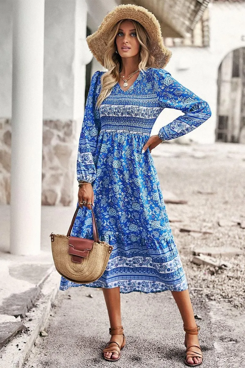 LONG SLEEVE SMOKED BOHEMIAN FLARE DRESS Must Have Timeless Comfort Wear