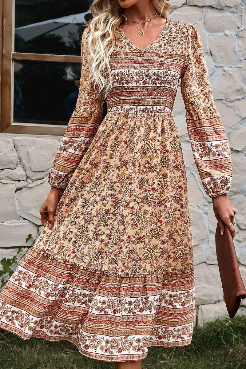 Daily Flex LONG SLEEVE SMOKED BOHEMIAN FLARE DRESS