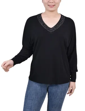 Long Sleeve Studded Top Reinforced Hem Quick Access Pockets