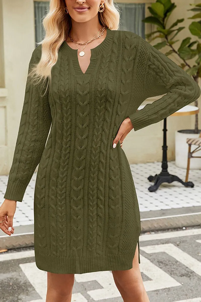 Evening Vibe Sheer Panel LONG SLEEVE V NECK TWO SIDE SLIT SWEATER DRESS