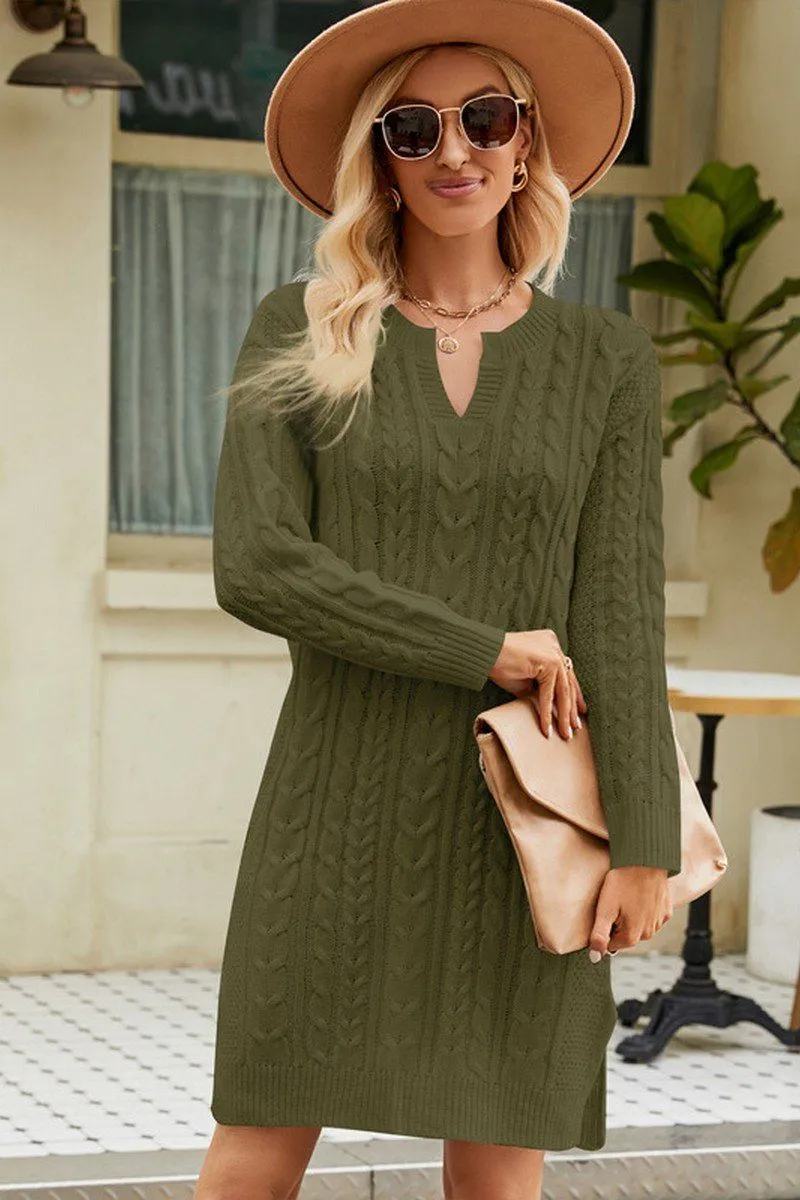 LONG SLEEVE V NECK TWO SIDE SLIT SWEATER DRESS Dinner Outfit Clean Tone