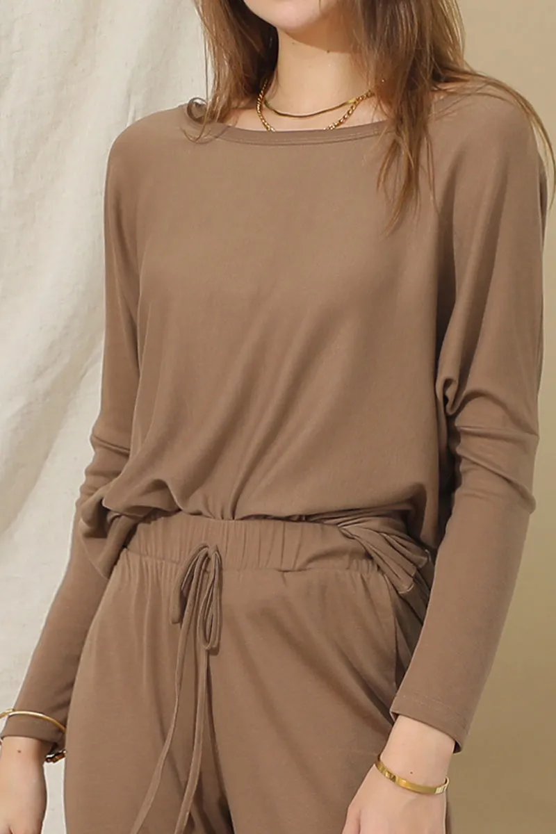 Four Way Stretch Material Contrast Stitching LONG SLEEVE WIDE ROUND NECK BASIC TUNIC TOP