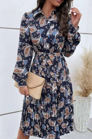 Style Blend Day-to-evening dress LONG SLEEVED PRINTED LAPEL PLEATED DRESS