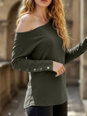 LatticeKnit Taped Neckline Long-sleeved pullover T-shirt