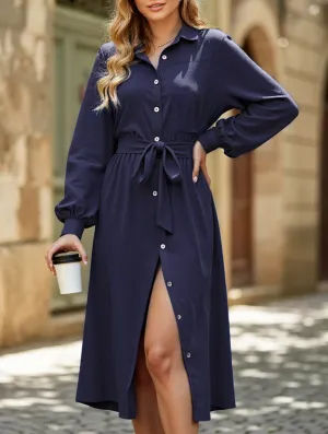 Long-sleeved solid color shirt collar dress Fringe-Detail WrinkleResistantFinish