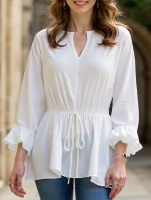 Long-sleeved V-neck shirt with drawstring waist Airflow Mesh Panel NonChafe Tag Placement