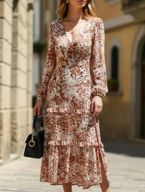 Timeless fitted silhouette Long-sleeved V-neck slit printed dress
