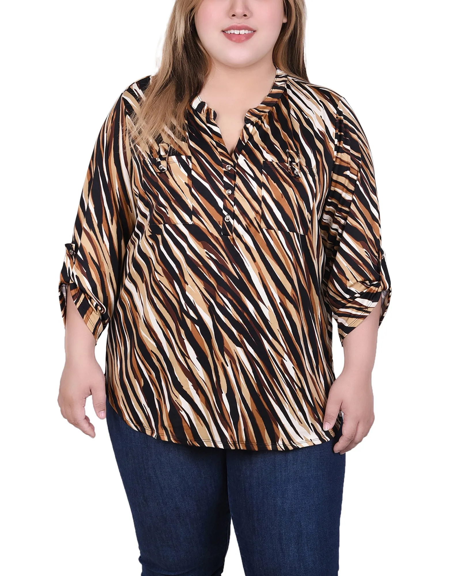Long Tab-Sleeve Top With Pockets Lightweight pullover NonRestrictiveSilhouette