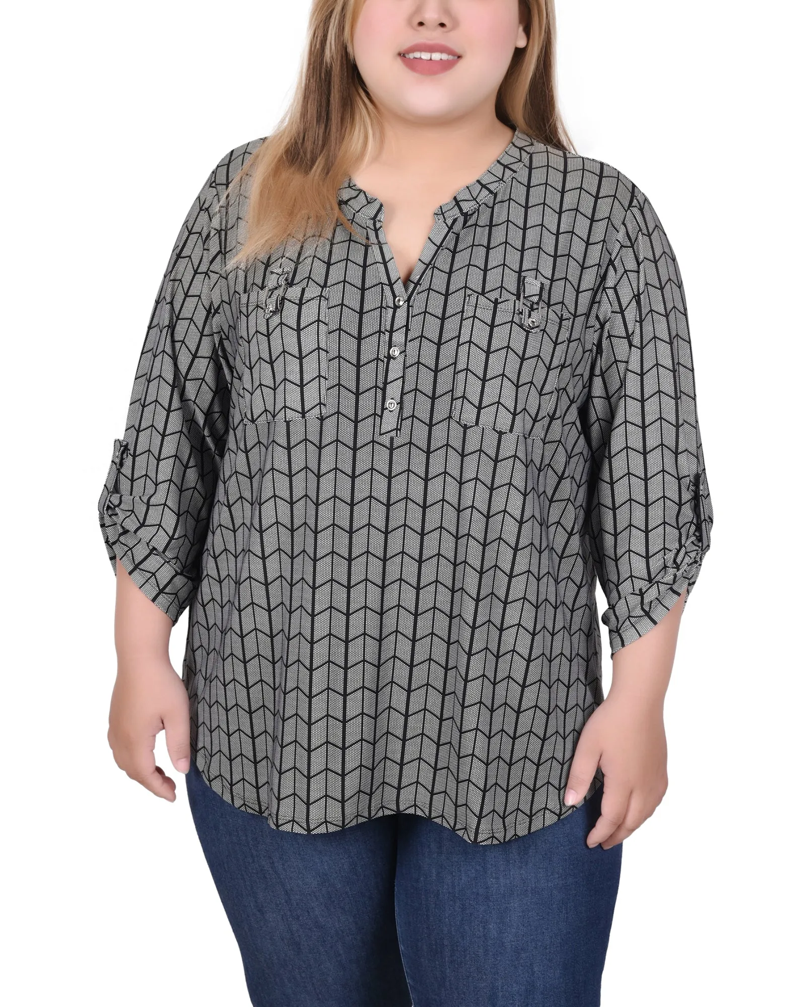 Long Tab-Sleeve Top With Pockets Soft Touch Blend