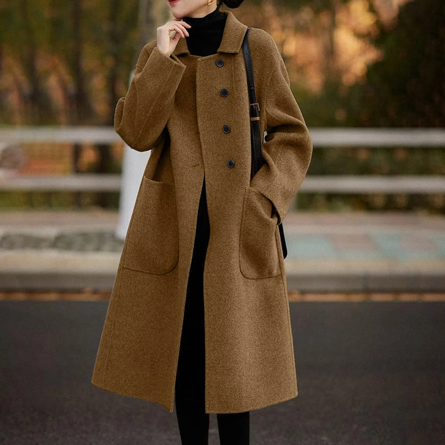 Long Trench Coats for Women Wool Blend Pea Coat with Pocket Elegant Winter Jacket Breasted Coats