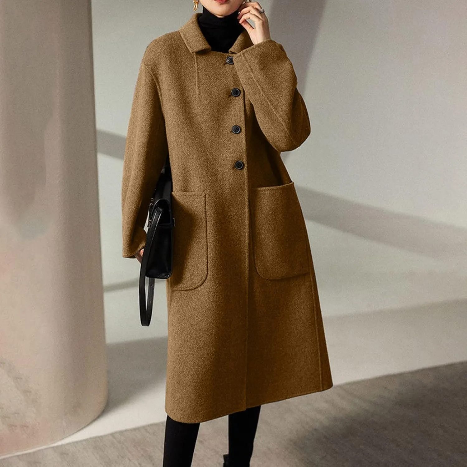 Long Trench Coats for Women Wool Blend Pea Coat with Pocket Elegant Winter Jacket Breasted Coats