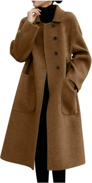 Long Trench Coats for Women Wool Blend Pea Coat with Pocket Elegant Winter Jacket Breasted Coats