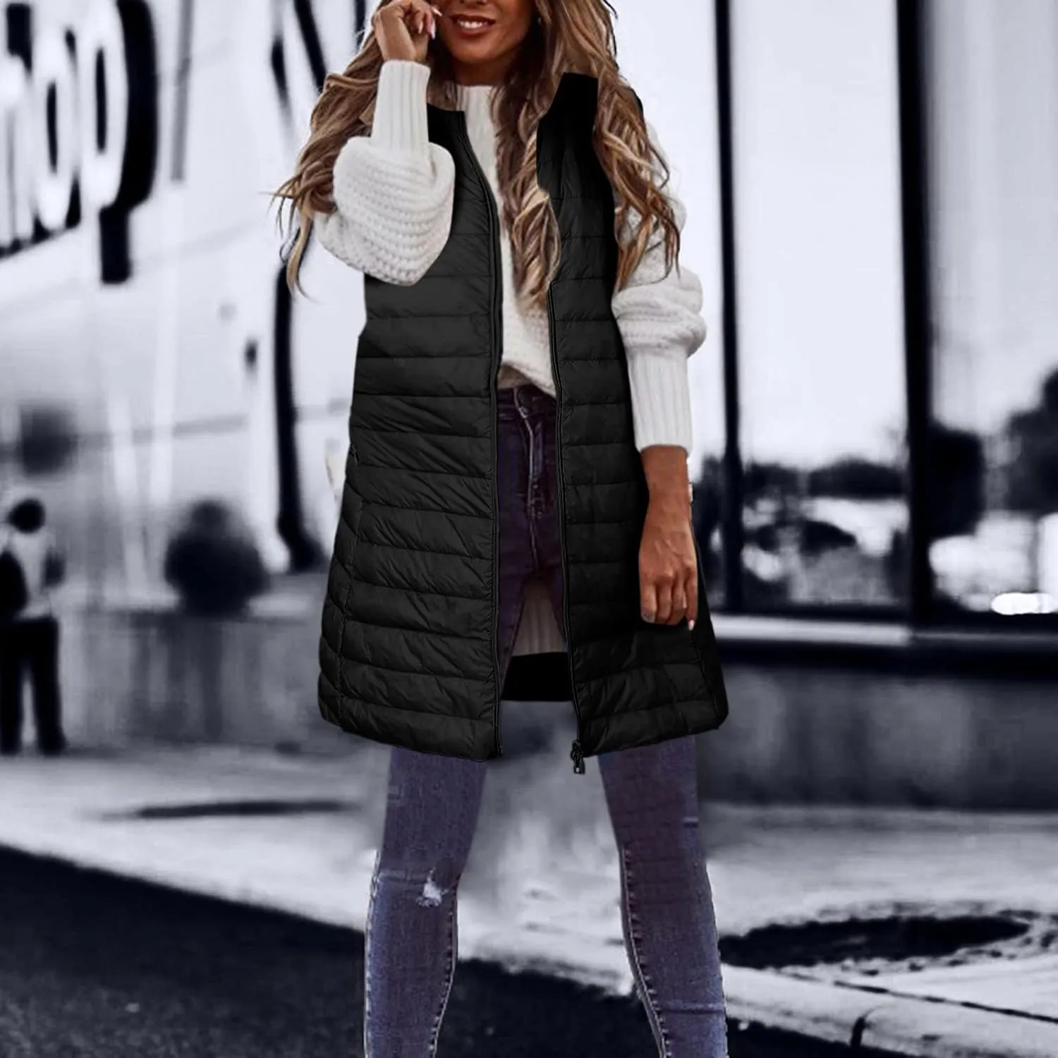Long Vest for Women Sleeveless Hooded Windproof Winter Coat with Recycled Insulation Sleeveless Hoodies Full Long