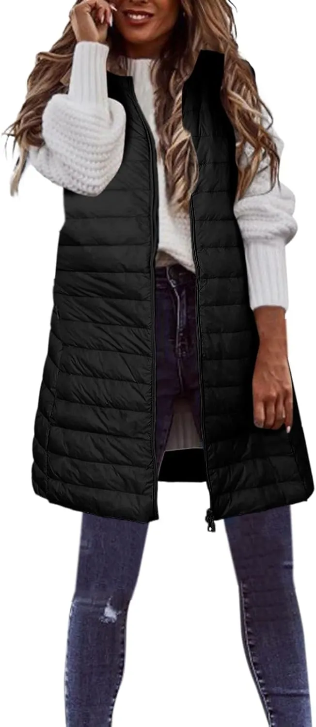 Long Vest for Women Sleeveless Hooded Windproof Winter Coat with Recycled Insulation Sleeveless Hoodies Full Long