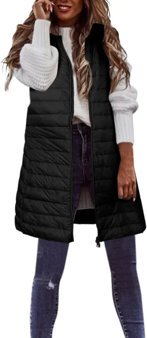 Long Vest for Women Sleeveless Hooded Windproof Winter Coat with Recycled Insulation Sleeveless Hoodies Full Long