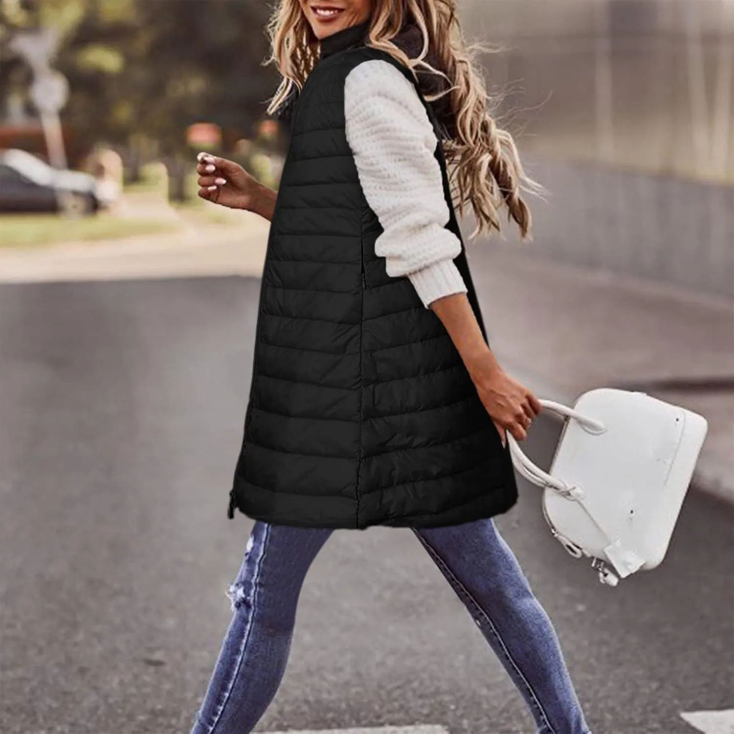 Long Vest for Women Sleeveless Hooded Windproof Winter Coat with Recycled Insulation Sleeveless Hoodies Full Long