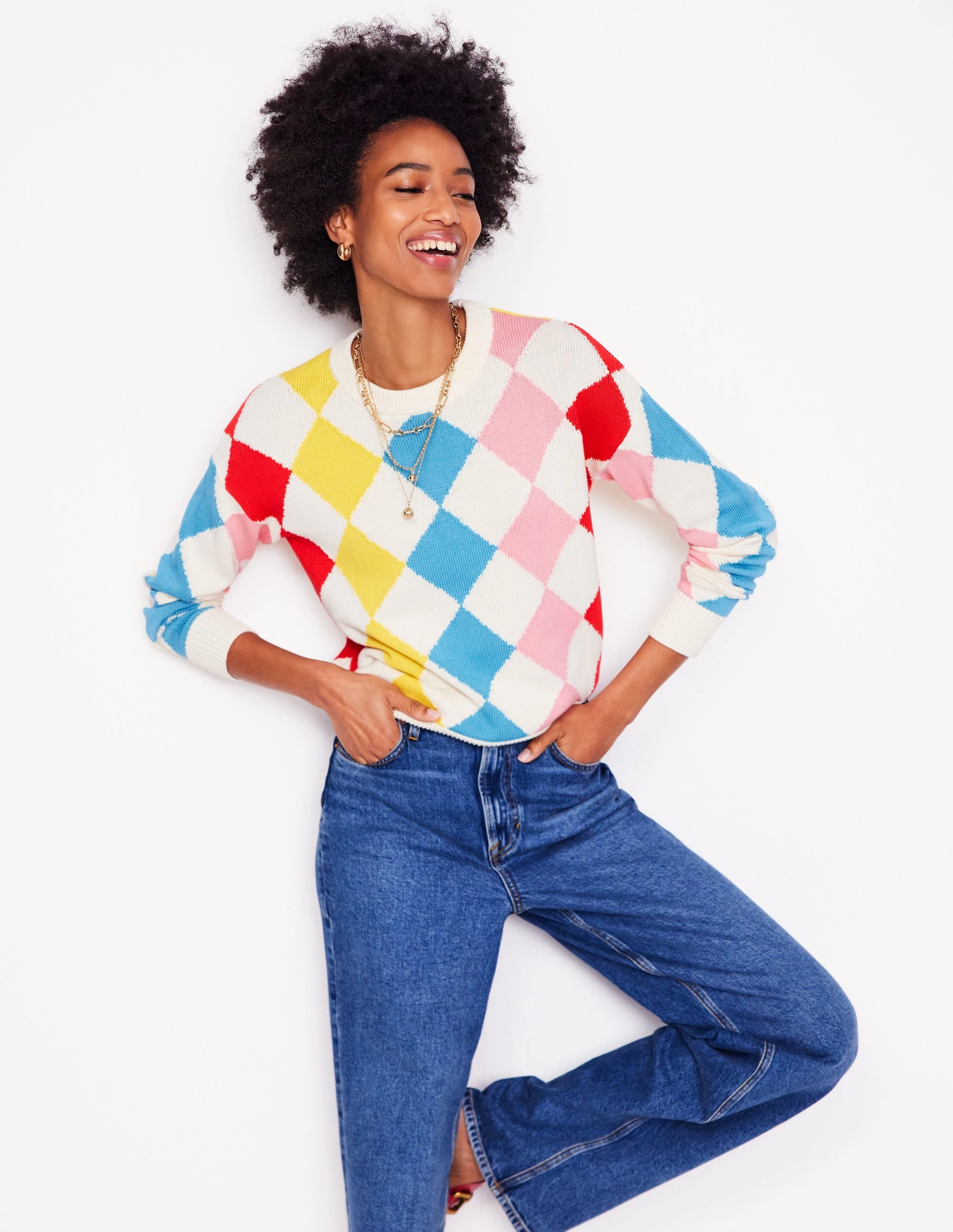 Cotton Argyle Jumper-Pink, Light Blue Argyle Lightweight Open Weave