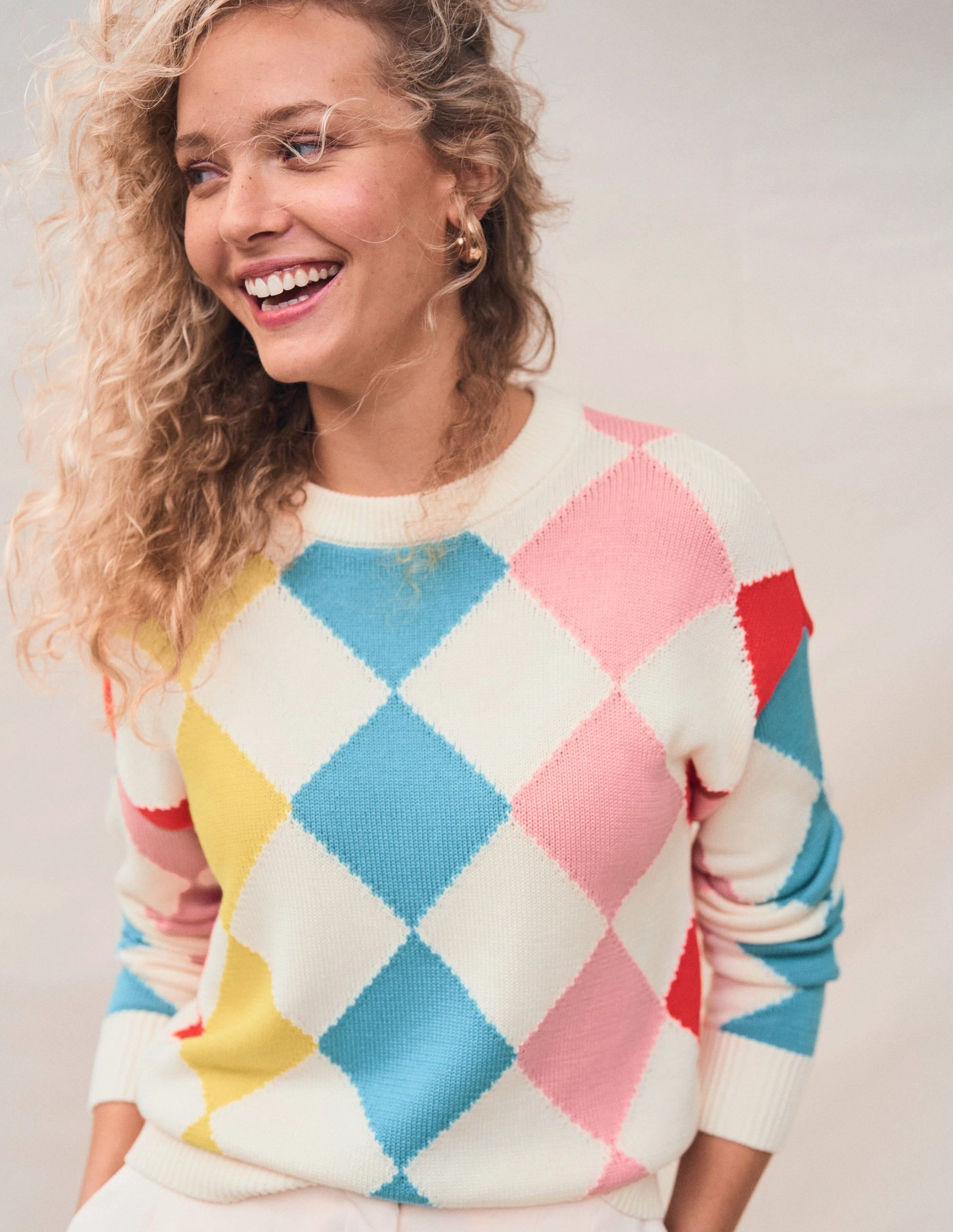 Off-Duty Fit Fresh Trend Cotton Argyle Jumper-Pink, Light Blue Argyle