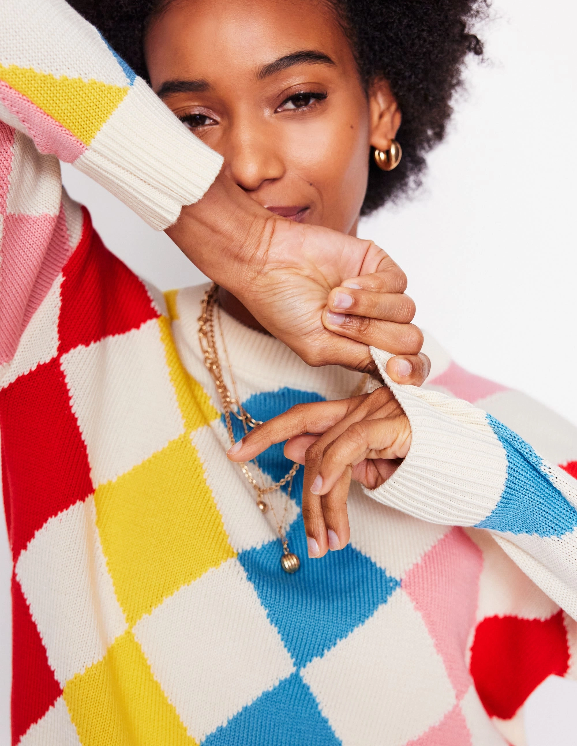 Cotton Argyle Jumper-Pink, Light Blue Argyle Gentle Wash Process Cozy Interior Fleece