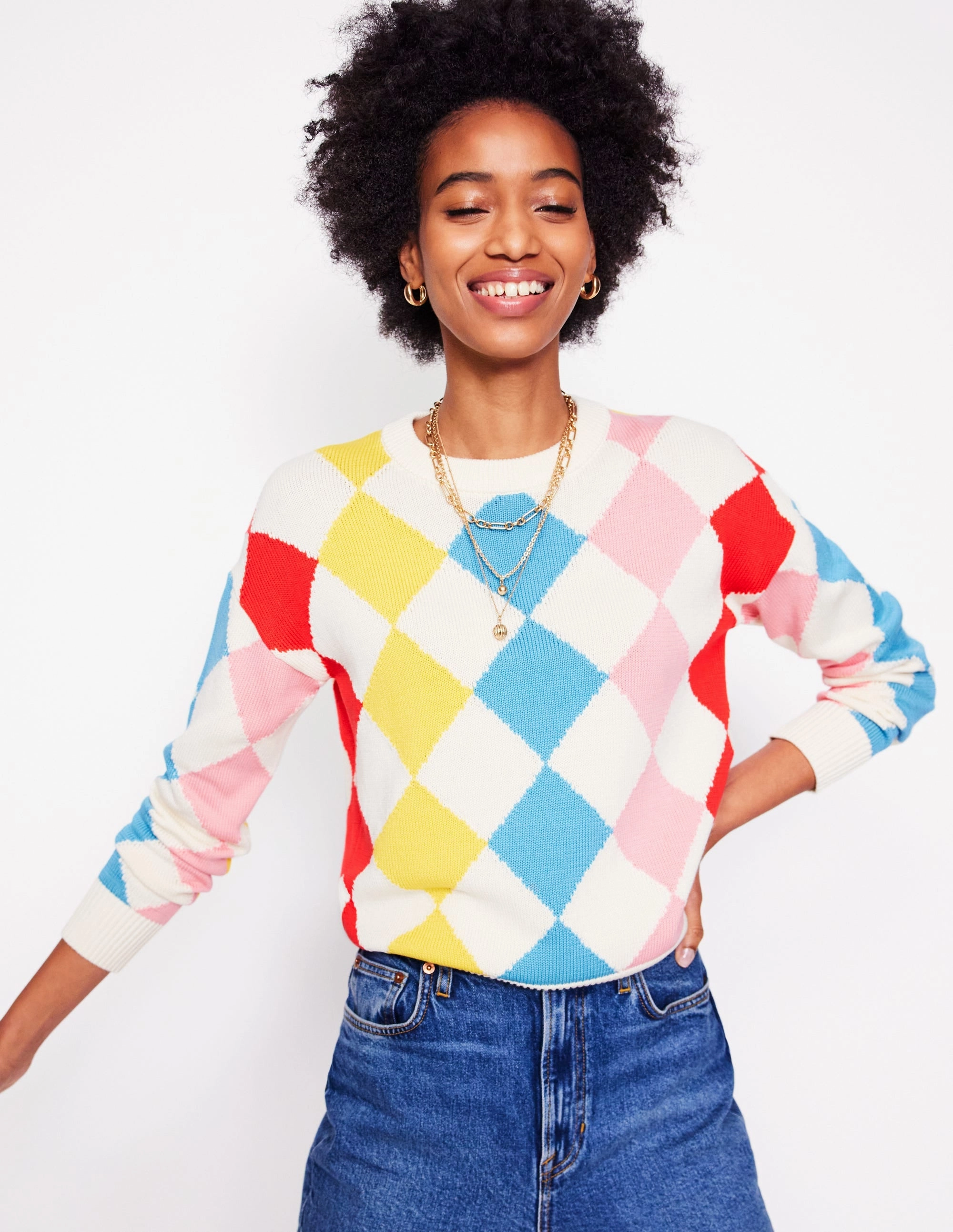 Minimalist Aesthetic Compact Weave Cotton Argyle Jumper-Pink, Light Blue Argyle