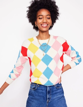 Minimalist Aesthetic Compact Weave Cotton Argyle Jumper-Pink, Light Blue Argyle