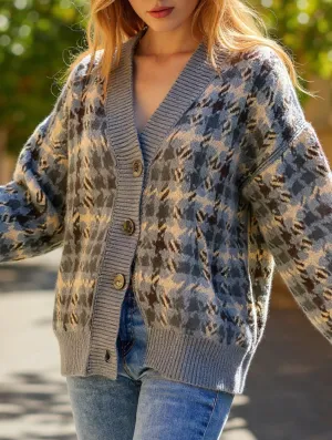 Loose button plaid color-blocking cardigan Comfortable fit