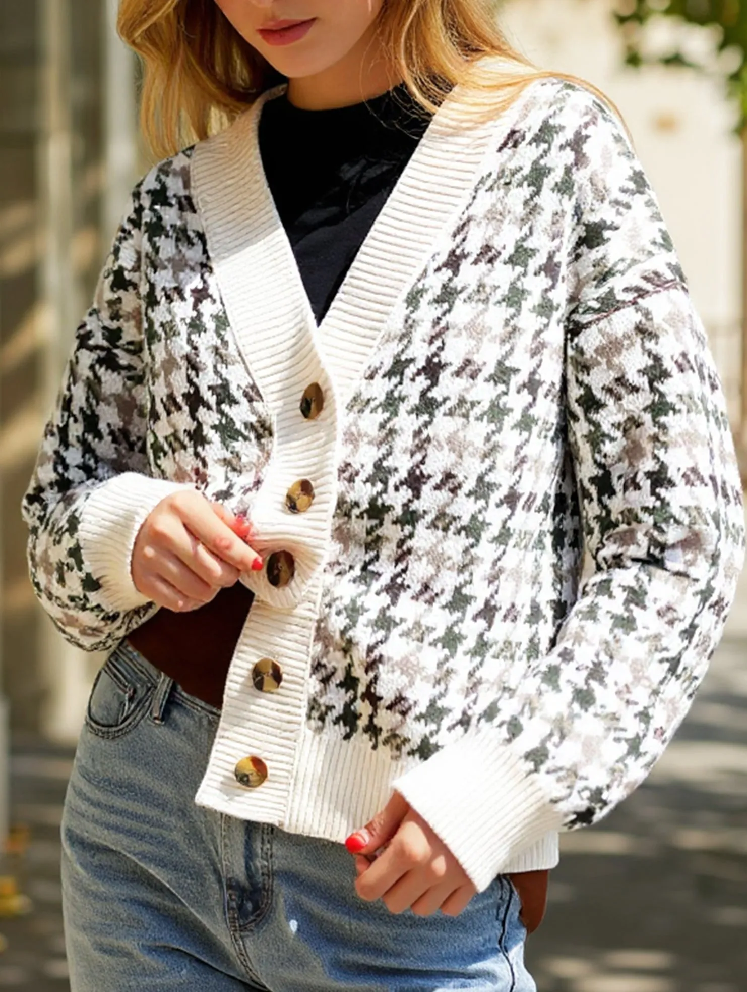 HighDensity Knit Stretch Blouse Loose button plaid color-blocking cardigan