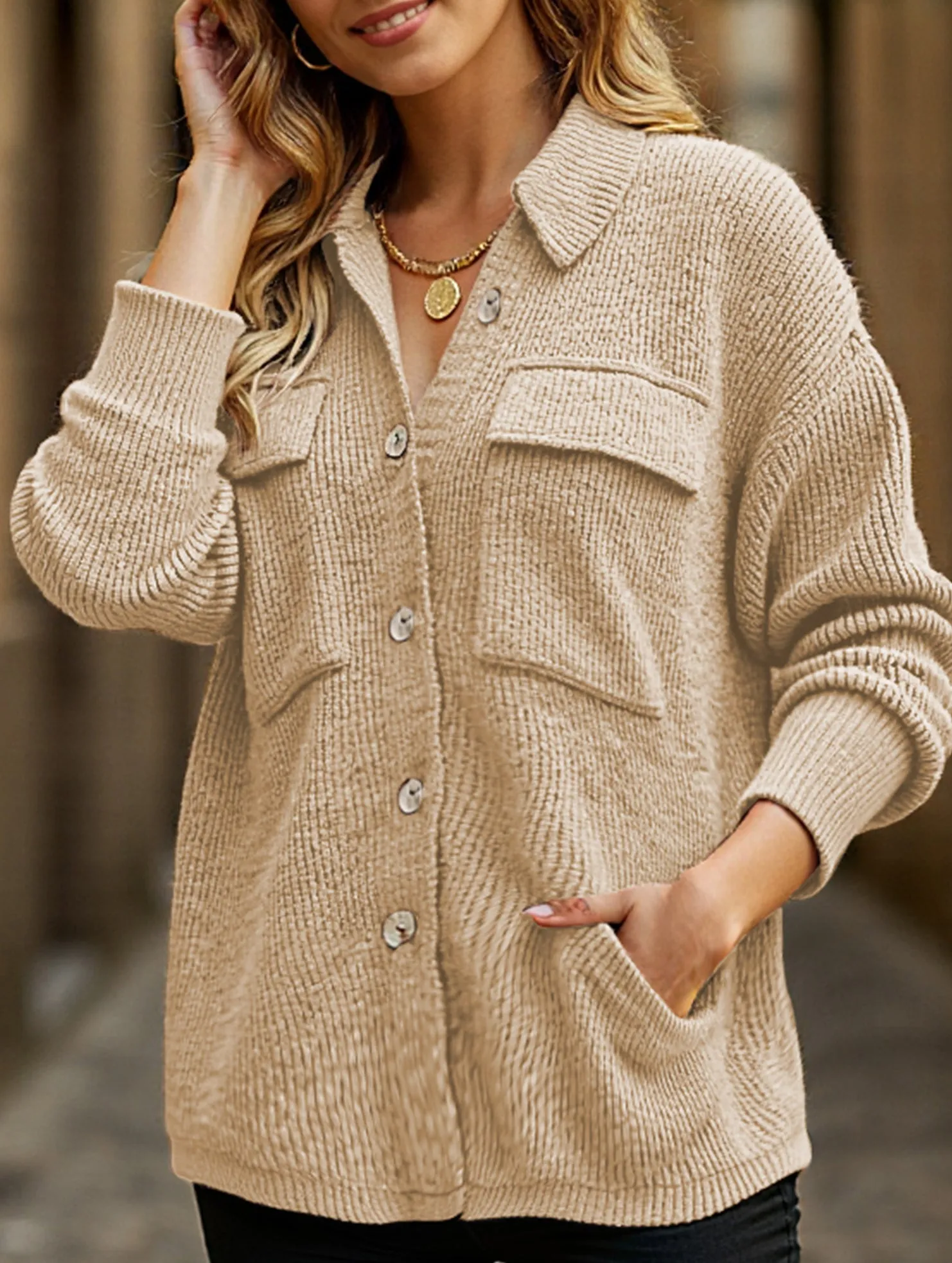 BreathableMaterial Loose corduroy pocket long-sleeved cardigan jacket