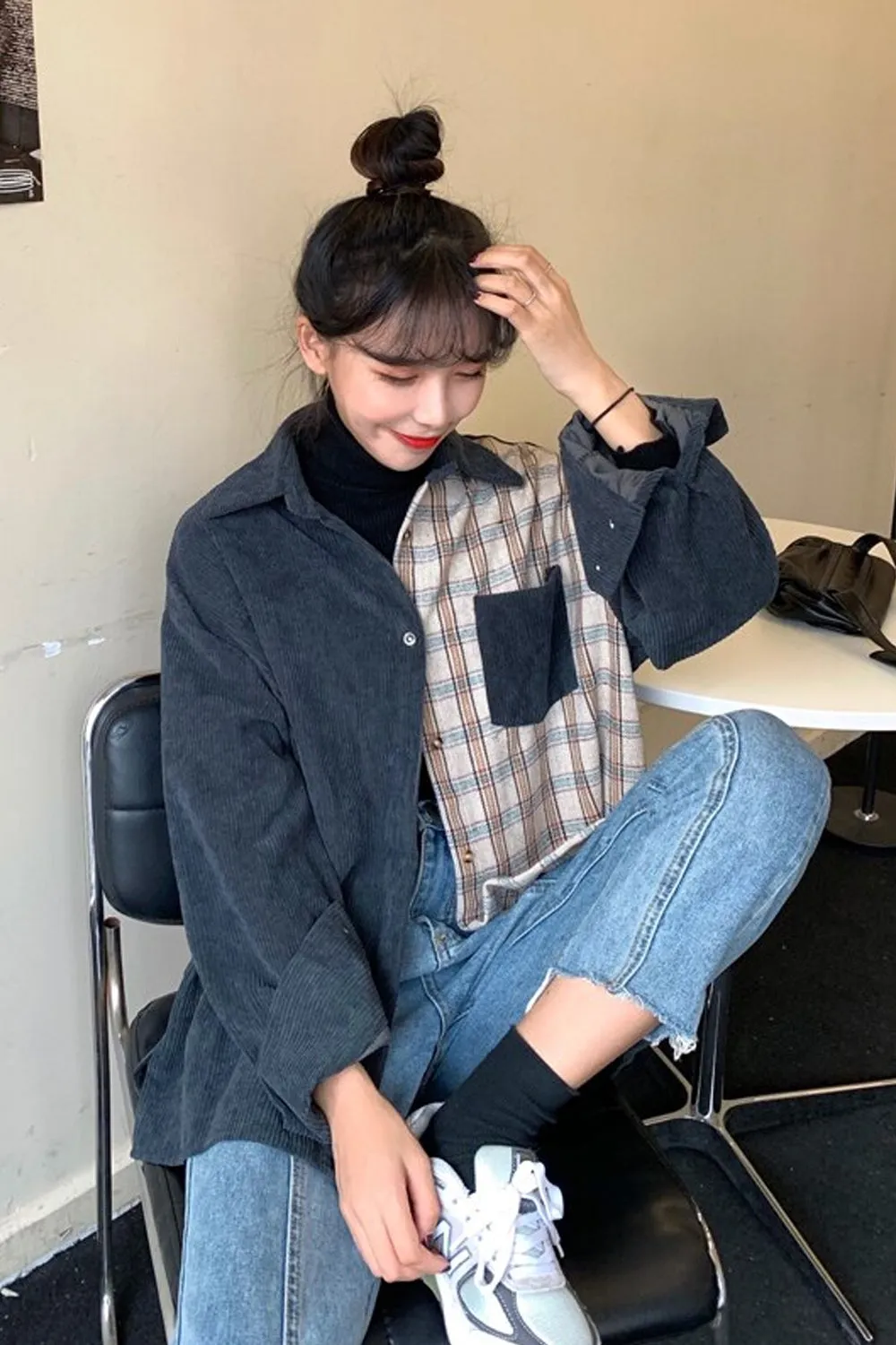 Loose Corduroy With Plaid Combination Blouse Shirt