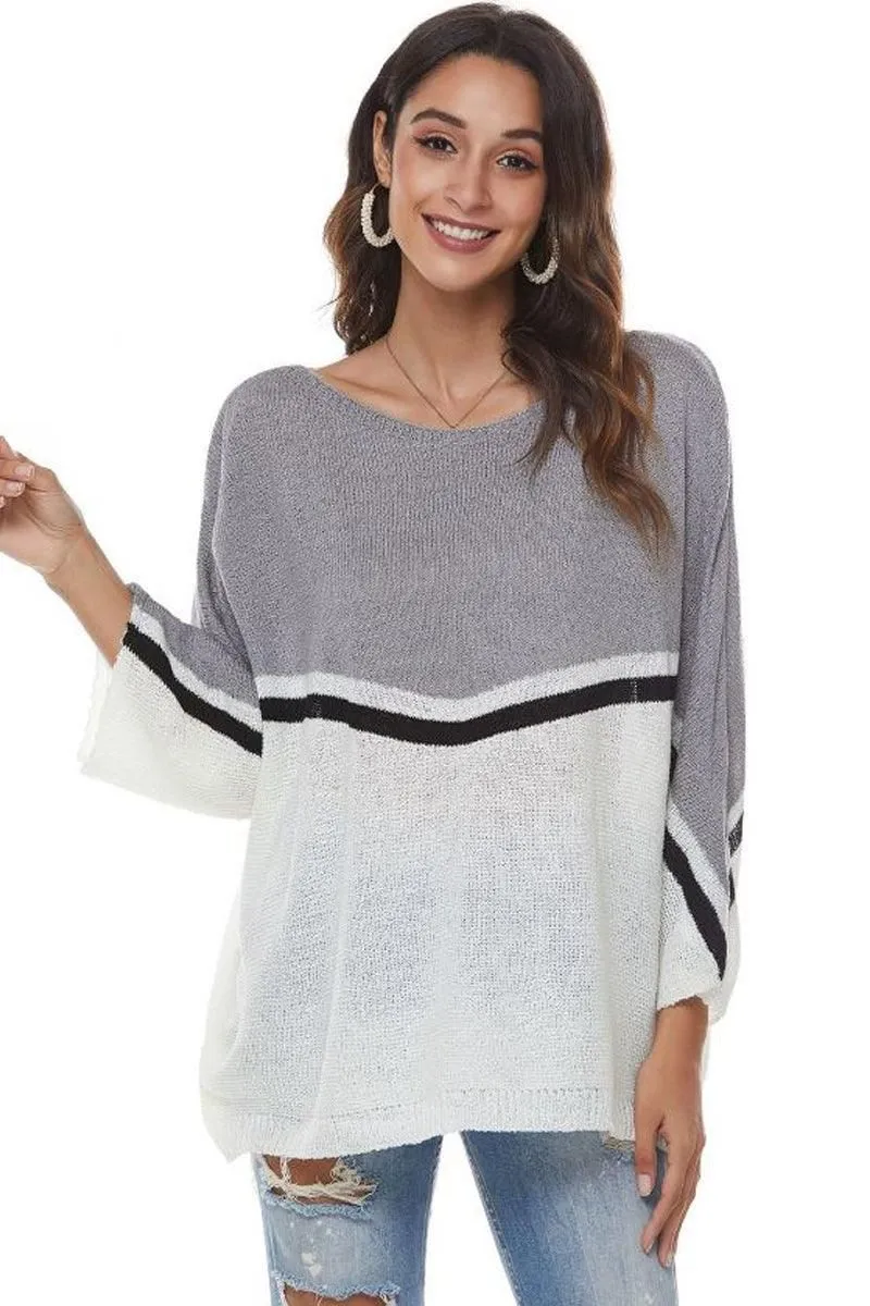 LOOSE FIT BATWING SLEEVE COLOR BLOCK KNIT SWEATER Layered Hemline AllSeason Wearability