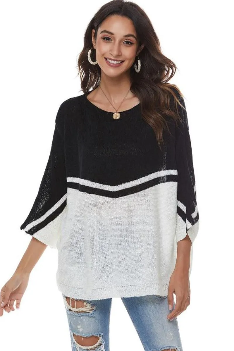 LOOSE FIT BATWING SLEEVE COLOR BLOCK KNIT SWEATER ReinforcedShoulderConstruction