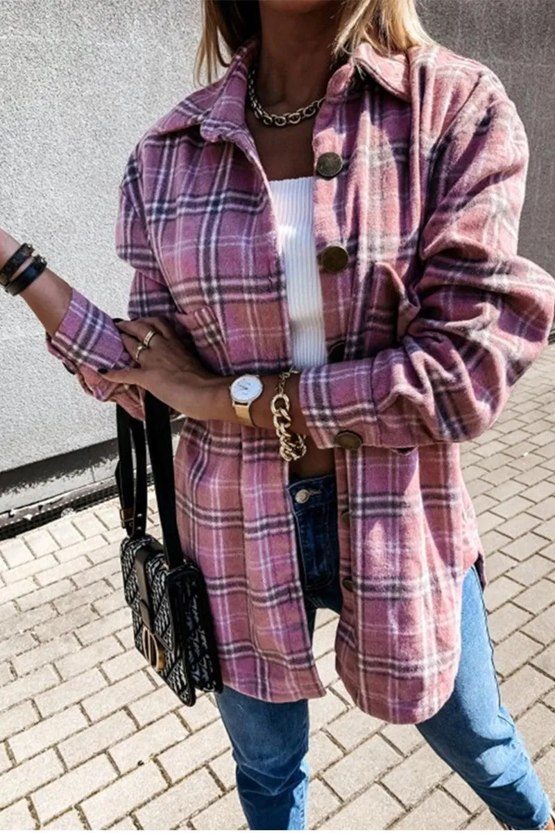 LOOSE FIT PLAID BIG BUTTONED JACKET Anti Pilling Finish RibbedTexture