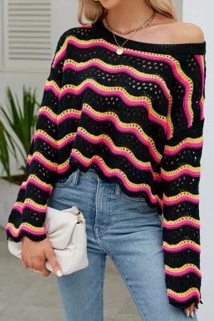 Tailored Seams Built In Filter Layer LOOSE FIT RIBBED CREWNECK WAVE PATTERN SWEATER