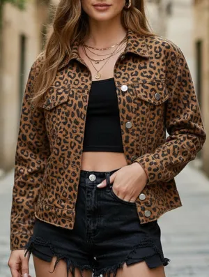 Loose-fitting leopard print denim cropped jacket Hypoallergenic Textile Layered Hem Reinforcement