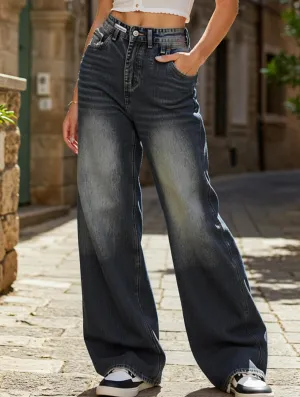Flexible Knees Street Inspired Loose high waist street style wide leg Denim Pants