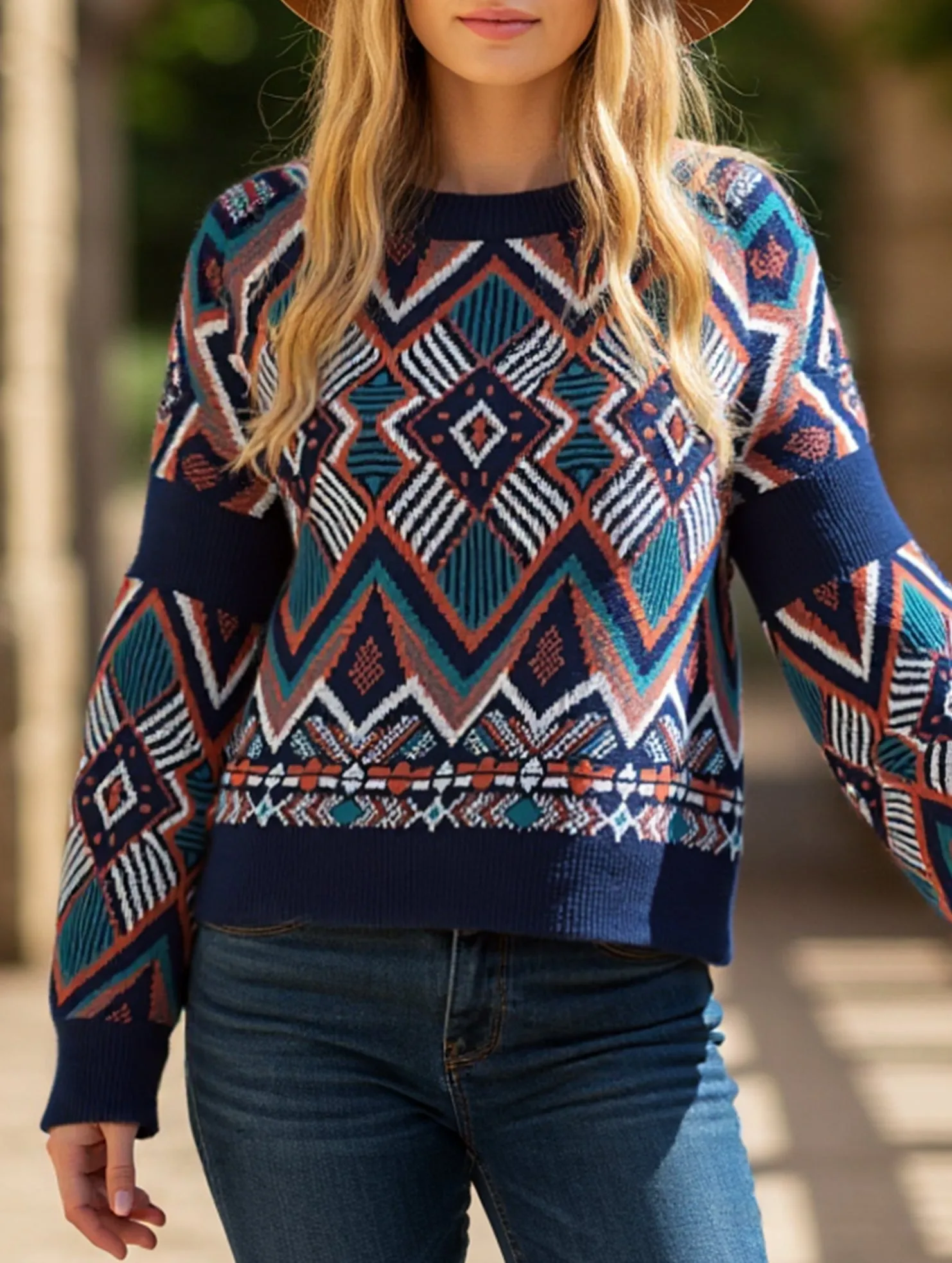 Loose jacquard Christmas pullover Self Fabric Tie Stylish Hoodie