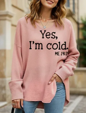 Loose solid color letter print V-neck sweater Moisture Wicking Fabric